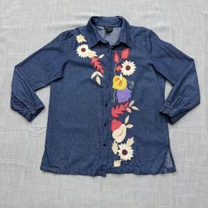 Jeevan Denim Floral Fruit Embroidered Shirt Womens Large Blue good cottagecore